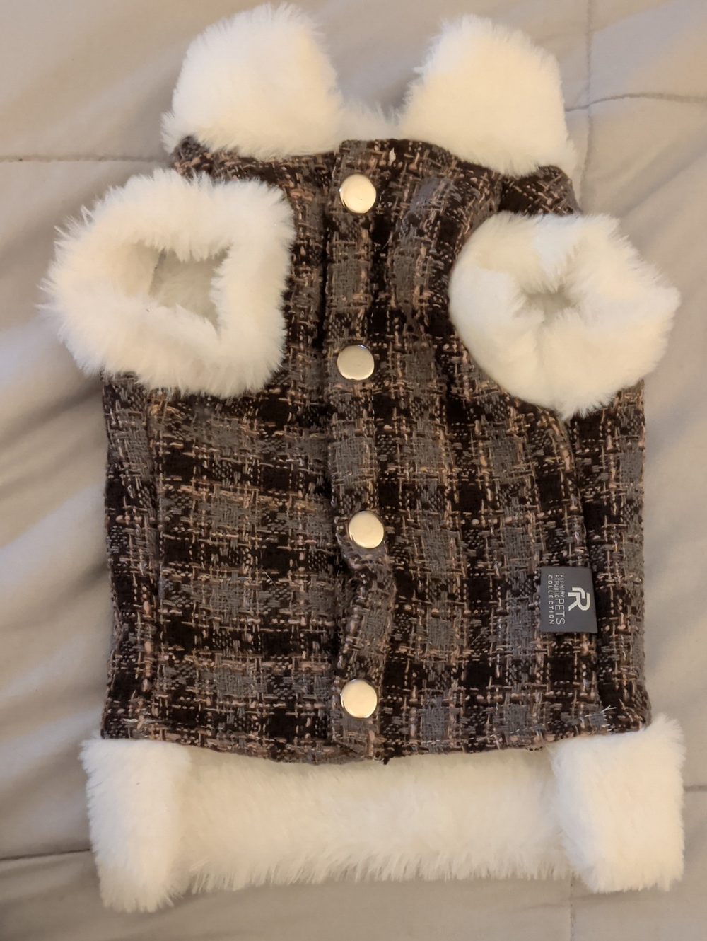 Cozy Plaid Faux-Fur Trim Dog Vest - Brown & White